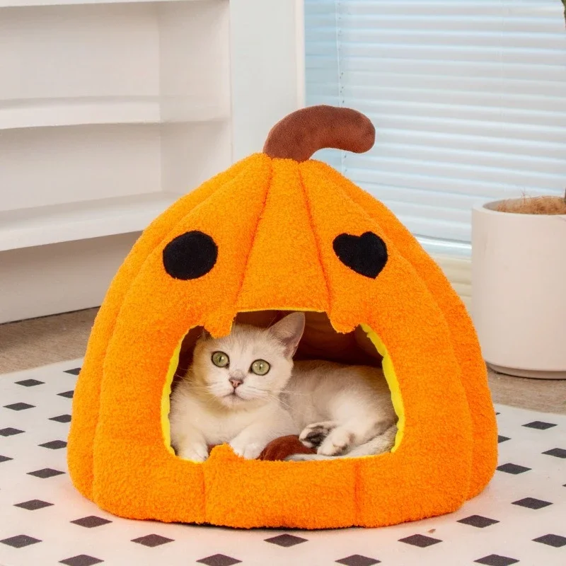 Halloween 3D Pumpkin Cat Litter Autumn Winter Warm Thickened Cat Beds Semi-enclosed Kennel Pet Products
