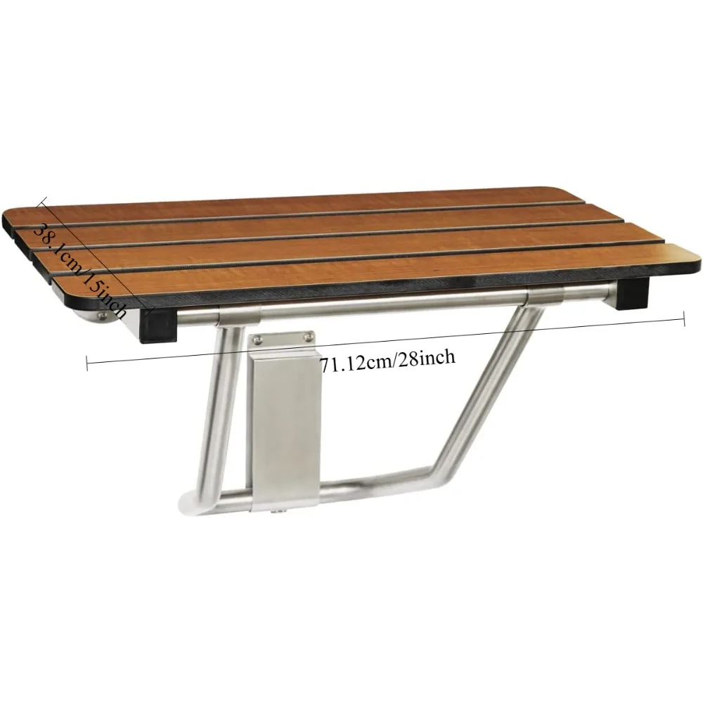 Brown wall mounted bathroom chair Folding Wall Mount Bathroom Shower Seat Bench, Teak Phenolic Seat Installed in the shower 3