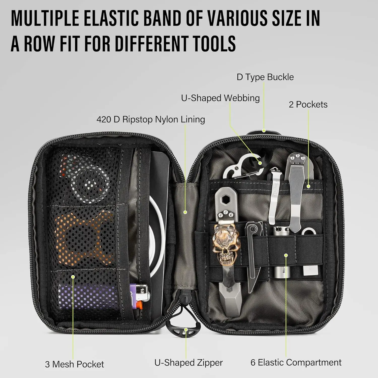 TACTICAL GEEK 블록 E4.0 EDC 컴팩트 허리 파우치, 탄성 코드가 있는 유틸리티 포켓 정리함