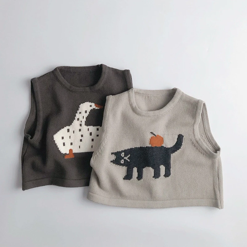 Childrens Sleeveless Knitted Vest - Cute Animal Cotton Sweater Coat for Boys  Girls