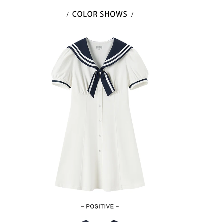 Vestido de verano para mujer, con mangas abullonadas, dulce, nuevo, con temperamento en contraste, cuello azul marino, vestido de primer amor, estilo academia.