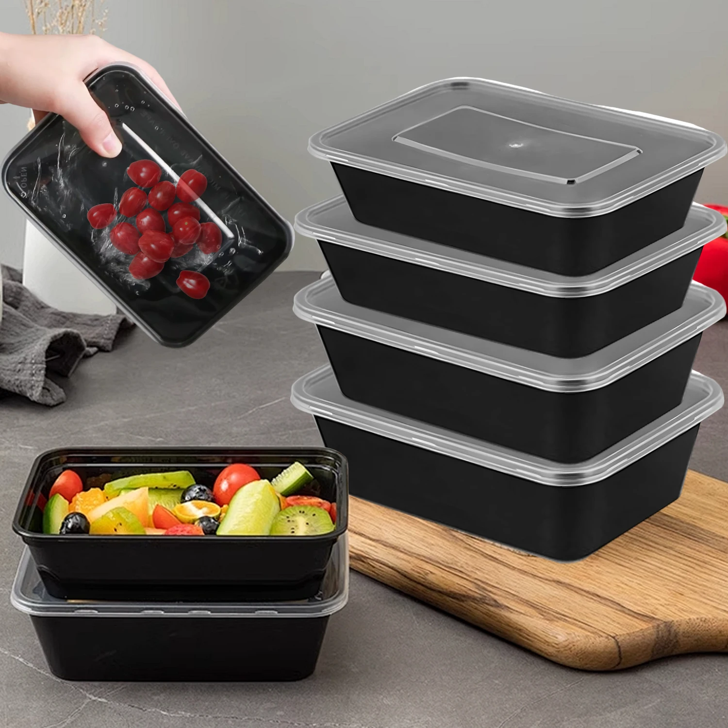 Disposable Food Containers 480/650/870ML Black Kitchen Fridge Storage Box with Lids Leakproof Lunch Box for Fruit Salad Sandwich