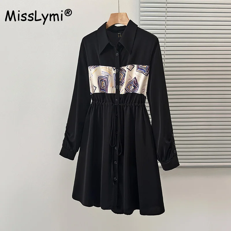 

Женская одежда больших размеров, Повседневное платье-рубашка, осень 2023, шифоновые женские свободные черные платья миди с длинным рукавом и принтом в стиле пэчворк