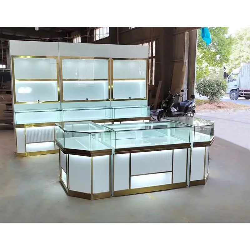 Custom, Whole Assembly Ship Mall Kiosk Gioielleria Half Glass Display Counter Retail Jewelry Wall Display Showcase