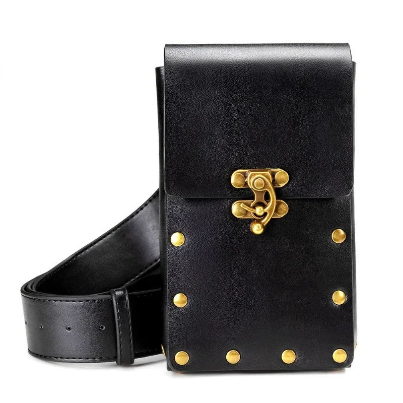 

Fashion Punk Black Brown Waist Bags for Women Retro Hip Hop PU Leather Mini Square Belt Bag Outdoor Travel Mobile Fanny Pack
