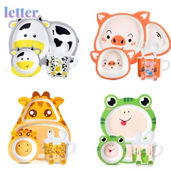 Smgslib tigela de bambu do bebê + colher + garfo alimentação conjunto de utensílios de mesa dos desenhos animados aniaml abelha criança pratos de alimentação de bambu tigela jantar placa