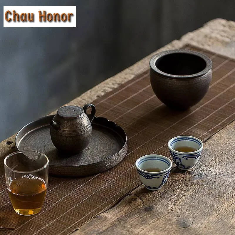 550ml Handmade Iron Rust Glaze Jianshui Ancient Coarse Pottery Tea Washing Basin Writing-brush Washer Chaxi Teaware Ornaments