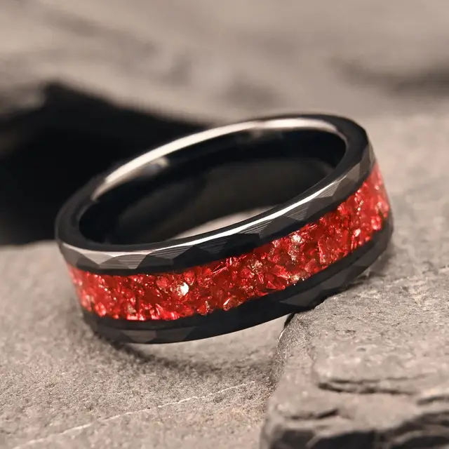8MM Mens Black Tungsten Carbide Ring with Red Opal Inlay Wedding Bands Engagement Rings Durable Scratch Resistant Jewelry Gifts