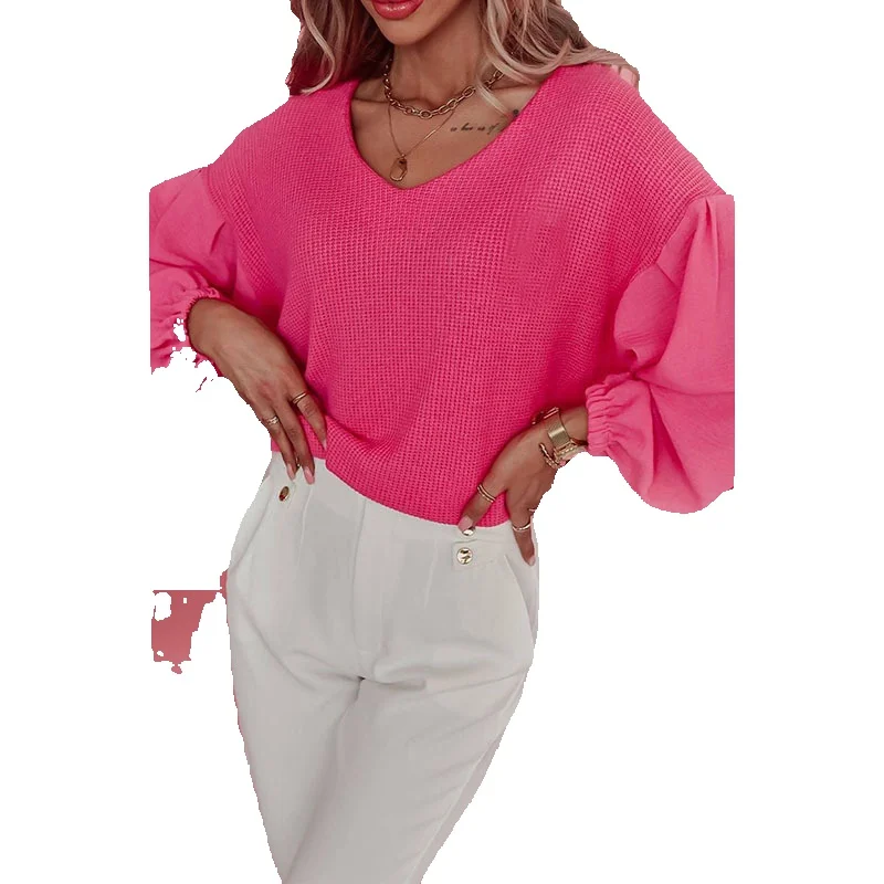 

Autumn New Solid Color Pullover V-Neck Long Sleeve Top Women's Versatile Waffle Knitting Shirt Women