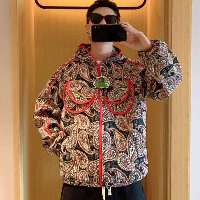 

2023 Autumn and Winter Jackets for Men with Chinese Style Ethnic Floral Hoodie and National Wind Loose Coat men clothing