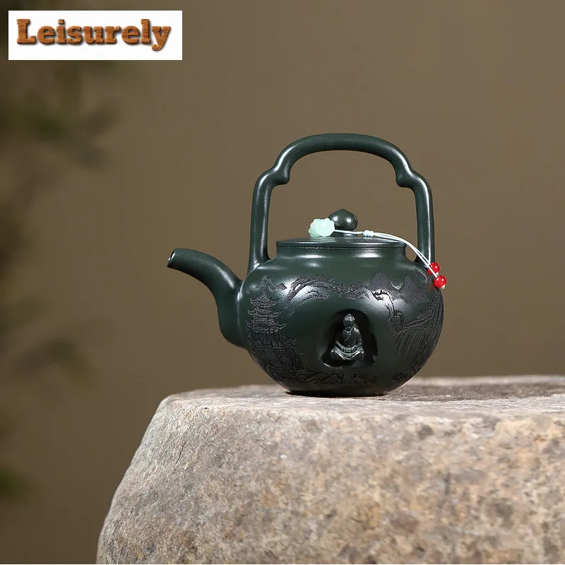 420ml Luxury Yixing Purple Clay Teapots Handmade Lifting Handle Pot Raw Ore Blackish Green Mud Tea Making Kettle Zisha Tea Set