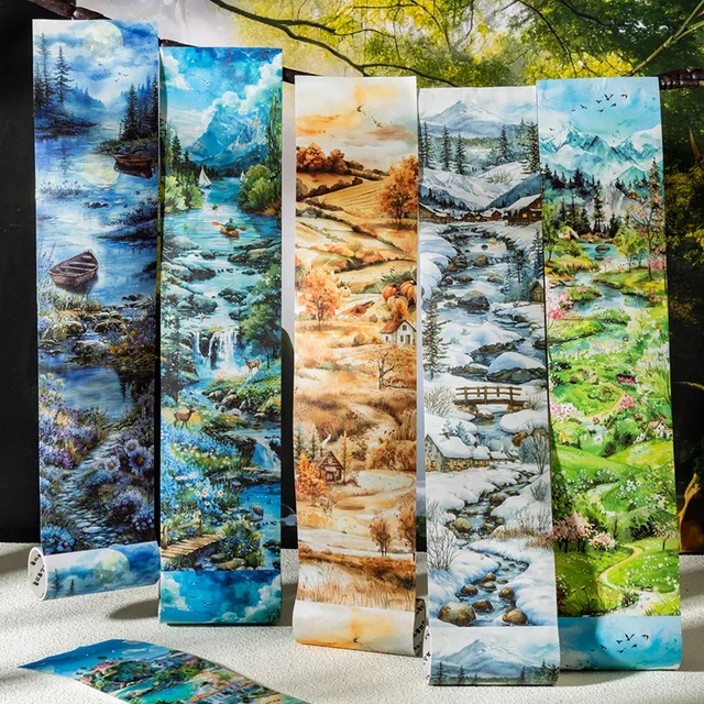 6 Rolls - 8Cm×200Cm/Landscape Washi Tape Set - Non-Waterproof, Non-Die-Cut, Made of Washi Material - Suitable for Creative Collage Materials, Diary Greeting Cards, Cup Photo Frame Decoration Tape, Gift 1