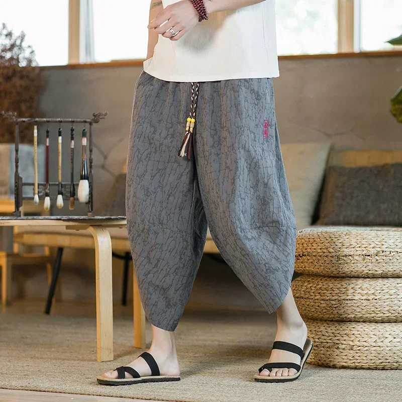 Japanese Kimono Traditional Shorts Men's Asian Clothing Bathing Pants Casual Loose Men's Japanese Yukata Linen Wide Leg Trousers Cotton Monk Pants
