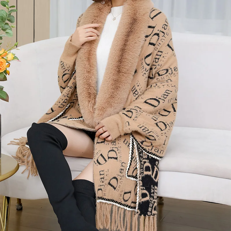 Autumn Winter New Alphabetic pattern Imitation Wool Collar Knitted Shawl Women  Tassels Poncho Lady Capes Khaki Cloaks autumn and winter new 100% pure wool wavy pattern men s round neck thickened loose pullover sweater cashmere knitted bottoming s