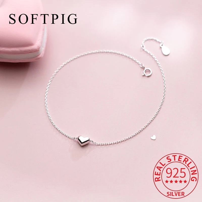 

SOFTPIG Real 925 Sterling Silver MInimalist Heart Anklet For Charming Women Party Classic Fine Jewelry Cute Accessories Gift