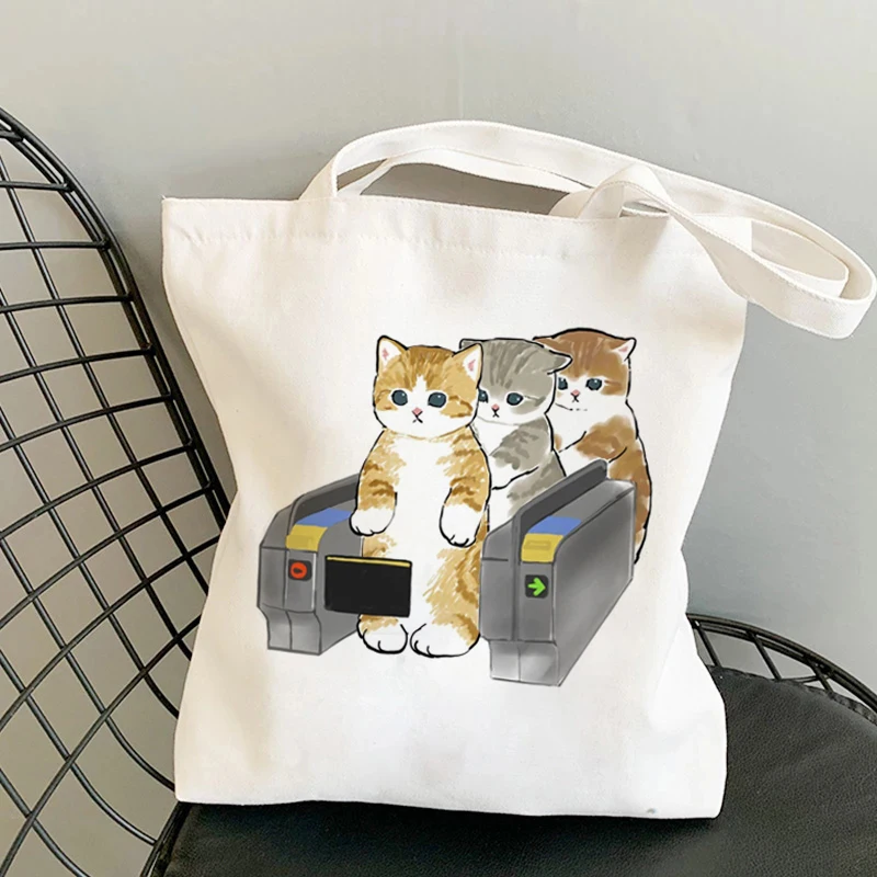 Bolso de mano de Manga con dibujos animados de gatos Kawaii para mujer, bolsa de playa, bolsos de compras, bolsos de hombro de lona, bolsos de compras de alta capacidad