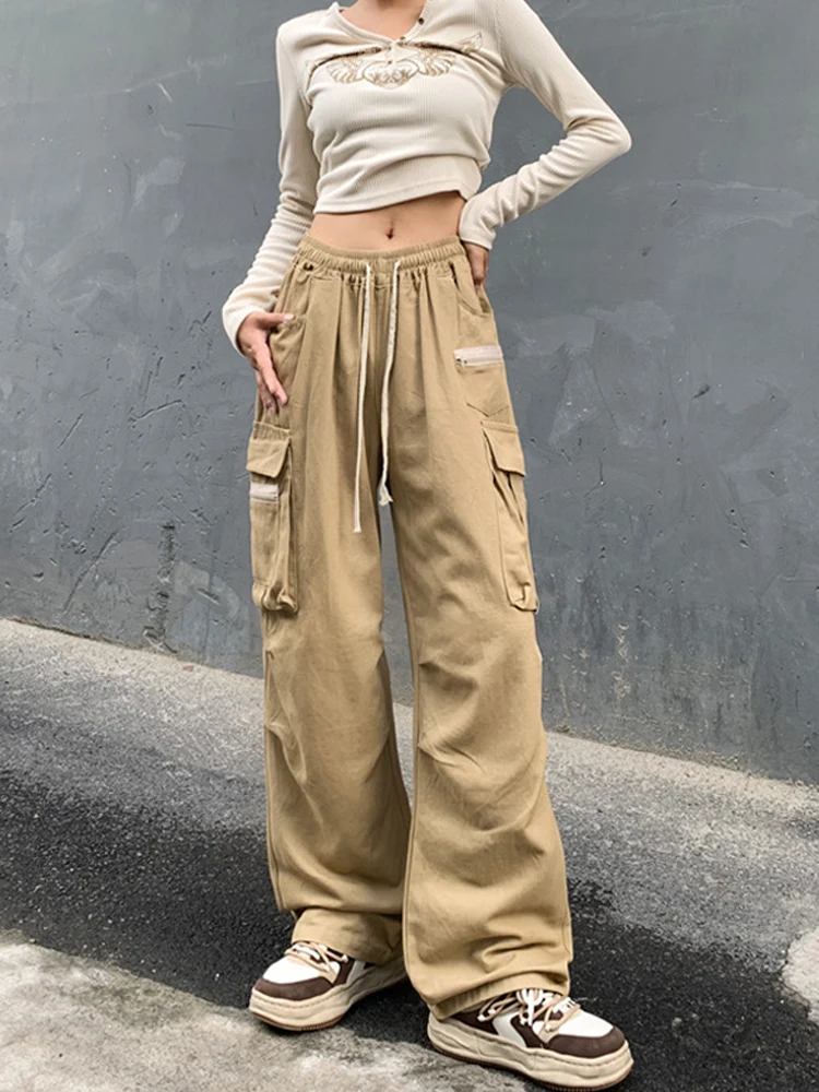 Women Cargo Pant Wide Leg Casual Elastic Waist Khaki Drawstring Female Pant Y2k 2023 Spring