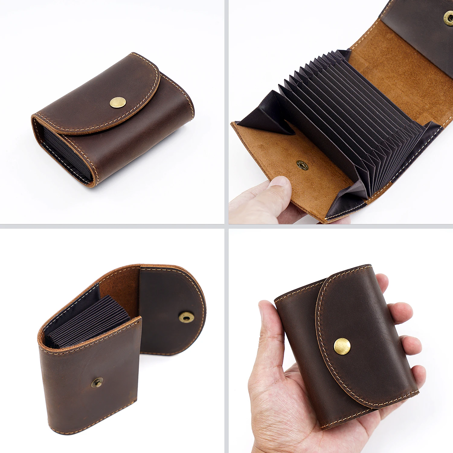 Top Layer of Cow Buckle Wallet Men's Genuine Leather Large Capacity Card Storage Case with 12 Card Slots Vintage Bag Purse