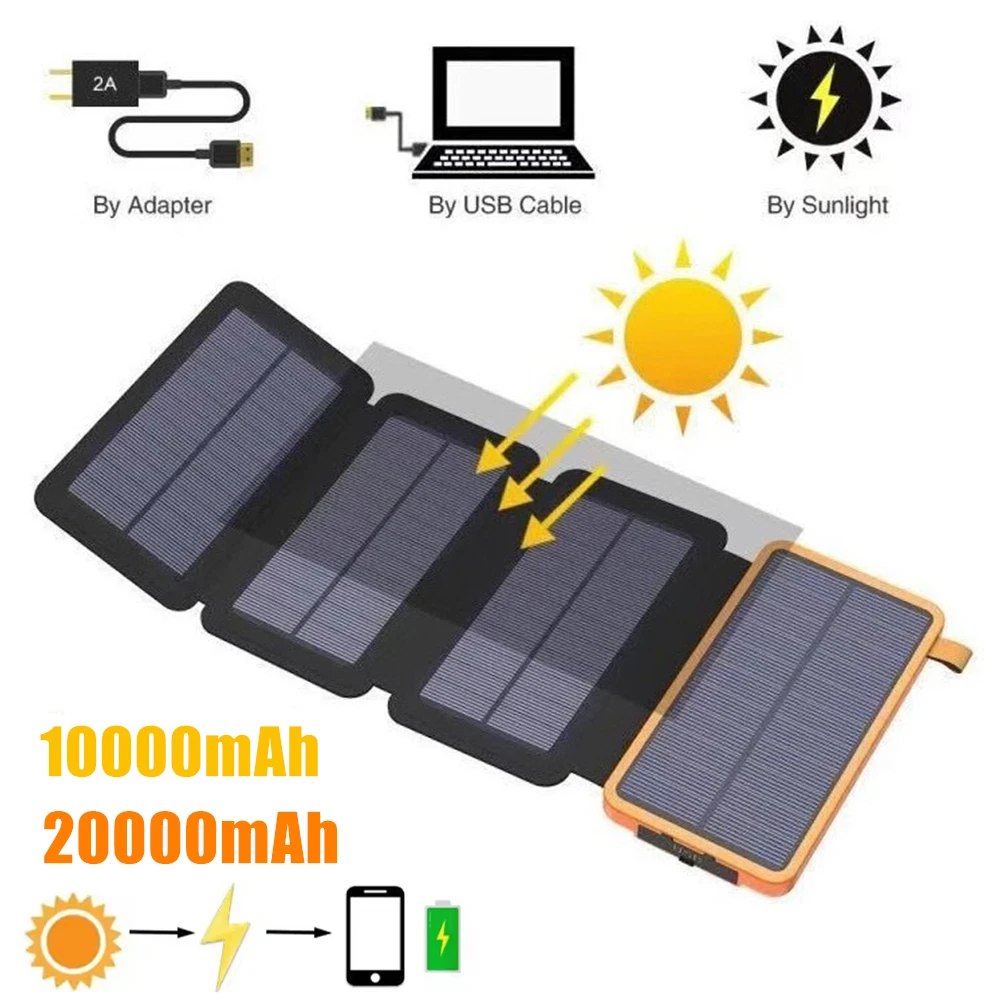 10000/20000mAh 태양광 보조베터리 접이식 태양광 패널 LED 라이트 손전등 휴대용 야외 캠핑 야외 여행용 태양광 발전기