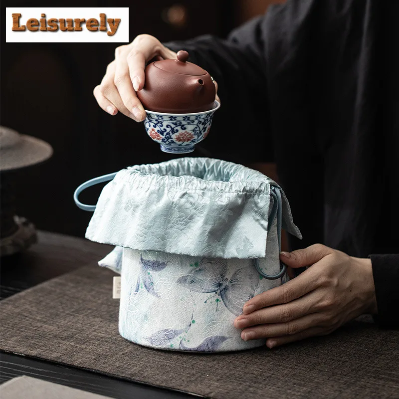 Blue Butterfly Drawstring Bucket Bag Fabric Tea Cozies Elegant Tea Cozy For Teapot Hand Bag Travel Tea Set Bag Chinese Tea Set