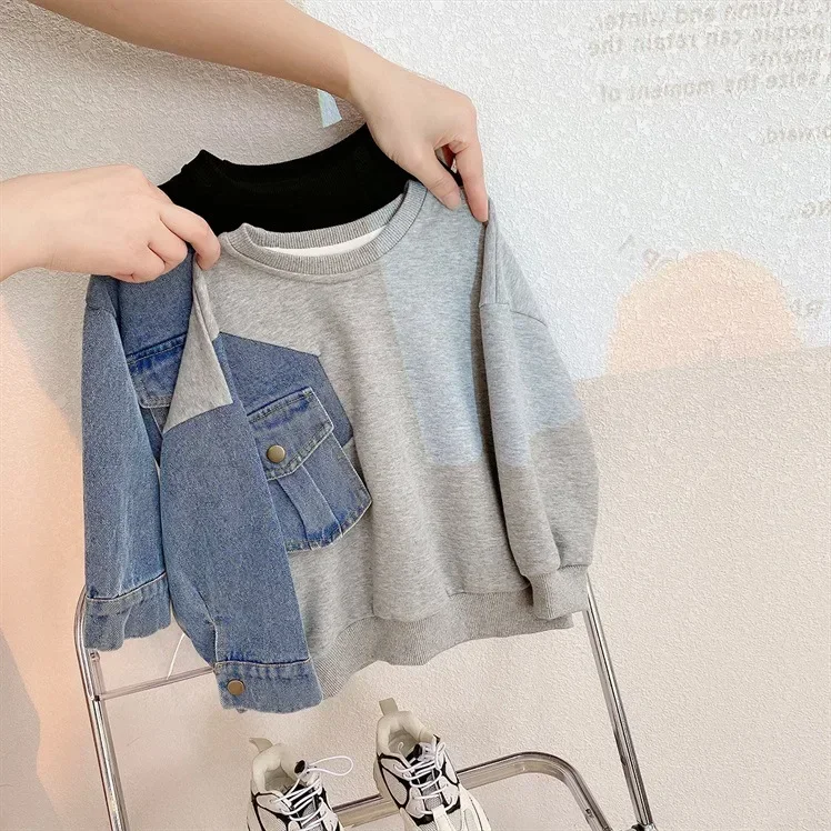 

Boys Denim Sweatshirt Kids Stitching Sleeved Loose Sweater 2024 Spring Autumn Children's Street Style Casual Hoodies Clothes