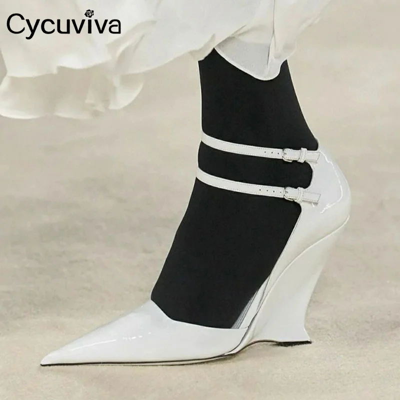 

Designer Wedges Heels Leather Sandals Women Point Toe High Heel Dress Sandalias Summer Ankle Strap Gladiator Sandals Women Mujer