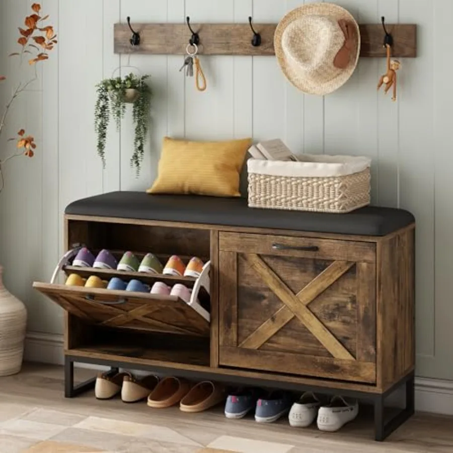 Shoe Cabinet with 2 Flip Drawers Coat Rack Shoe Storage Bench with Seat Cushion for Entryway 5 Large Sturdy Metal Hooks - with