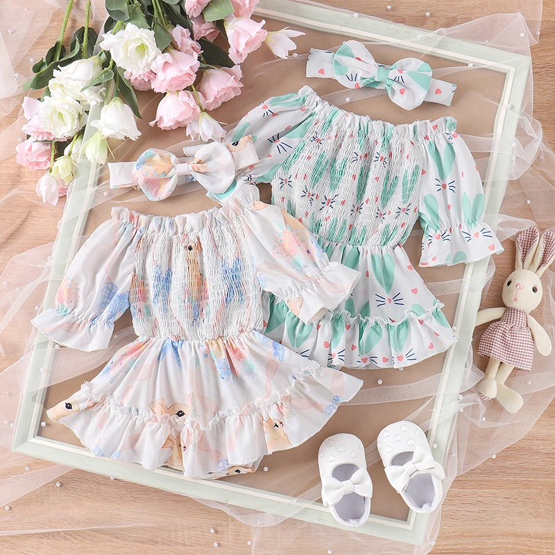 

Baby Girls Rompers Dress Rabbit Print Short Sleeve Boat Neck Ruched Skirt Hem Infant Bodysuits Easter Clothes with Headband