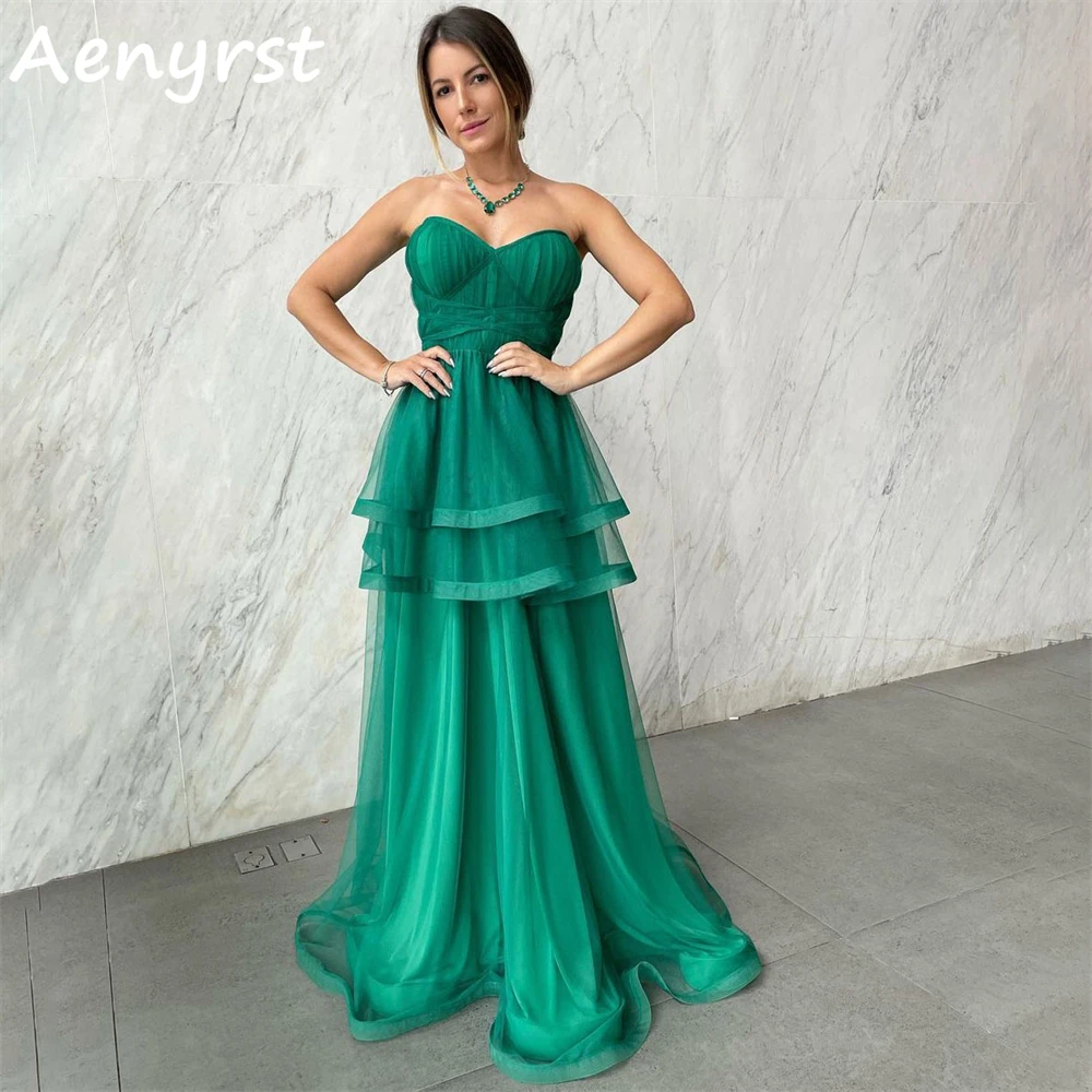 

Aenyrst Green Sweetheart Tulle Prom Dresses A Line Tiered Evening Gowns Floor Length Dinner Party Dress Long Vestidos De Noche