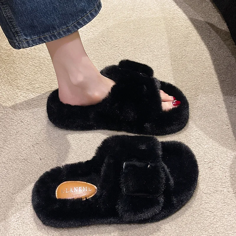 New Outsize Large Outwear Fashion One line Square Button Blow sole Leather Print Home Slippers Plush Slippers for Women
