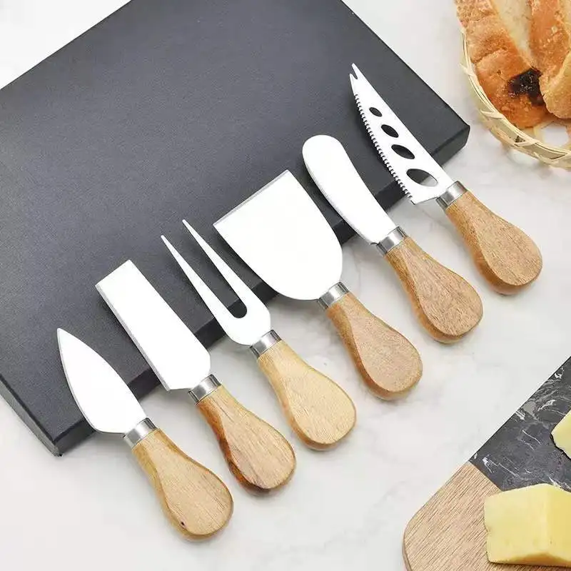Kitchen Knife Cutlery Set Cheese Butter Knife 6pcs/set Wood Handle Knife Sets Bamboo Cheese Cutter Slicer Stainless Steel Kitchen Cooking Accessories