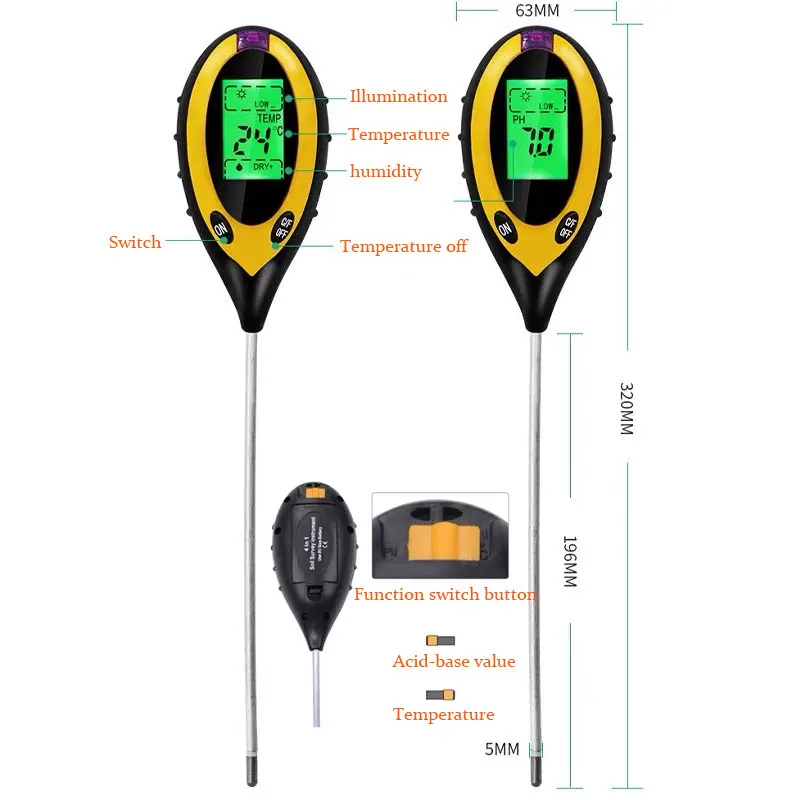 מודד לחות האדמה 4 ב-1, מודד pH, מכשיר מדידה למעבדת תזונה, תצוגת ספירת pH, עט בדיקה