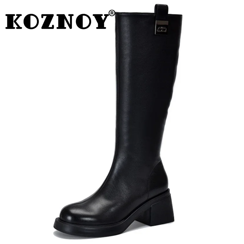 

Koznoy 6.5cm New Natural COW Genuine Leather Spring Flats Boots Women Chimney Booties Autumn Ladies Fashion Zip Knee High Shoes