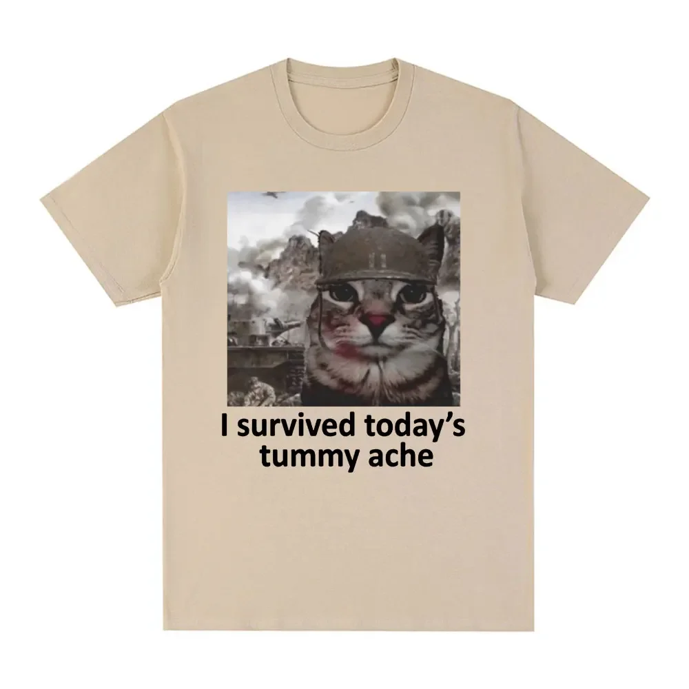 Sobreviví al dolor de estómago de hoy, camiseta divertida con meme de gato, camiseta de manga corta para hombres y mujeres, camisetas casuales de algodón de gran tamaño, ropa de calle