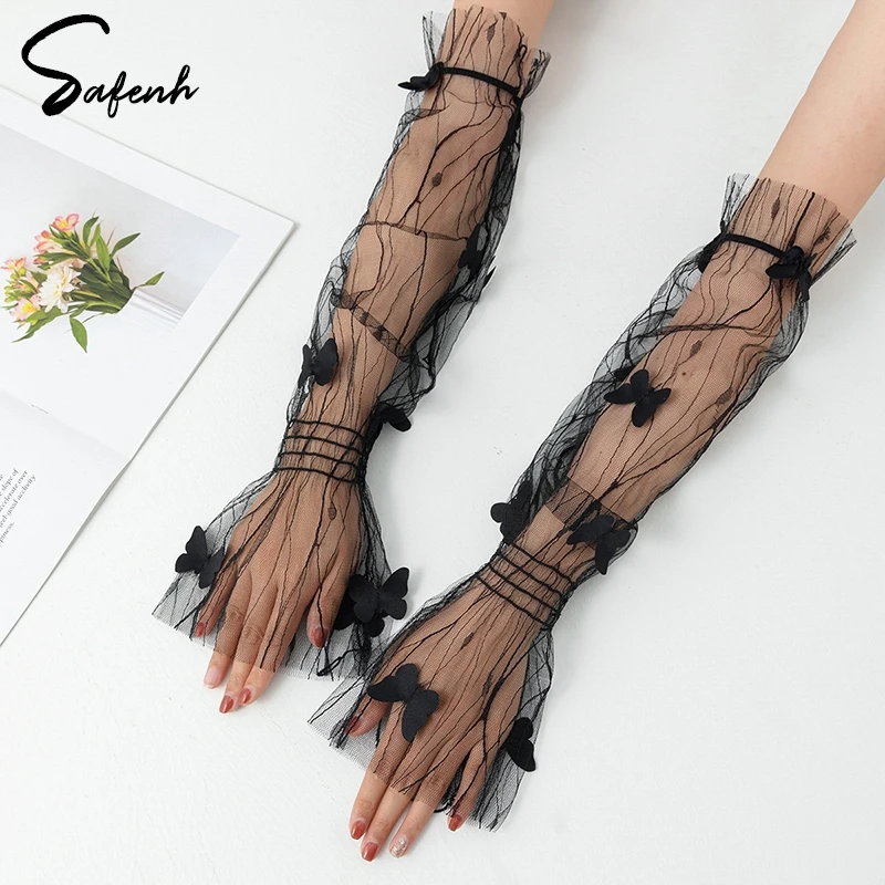 Long Lace Gloves Hollow Out Fingerless Gloves Women Sun Protection Sleeve Mesh Lace Thin Hand Gym Glove Sunscreen Accessories