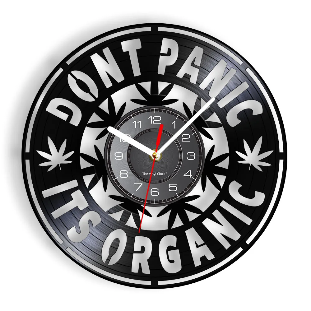 

Don‘t Panic It's Organic Marijuana Leaf Retro Vinyl Record Wall Clock For Man Cave Bedroom Leaves of Hemp Silent Wall Clock