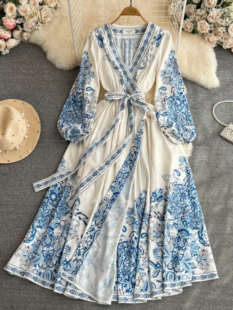 

Spring Autumn Fashion Elegant Beach Vacation Party Print Dress Women Bubble Sleeves V-neck High Waist Slim A-line Long Dress