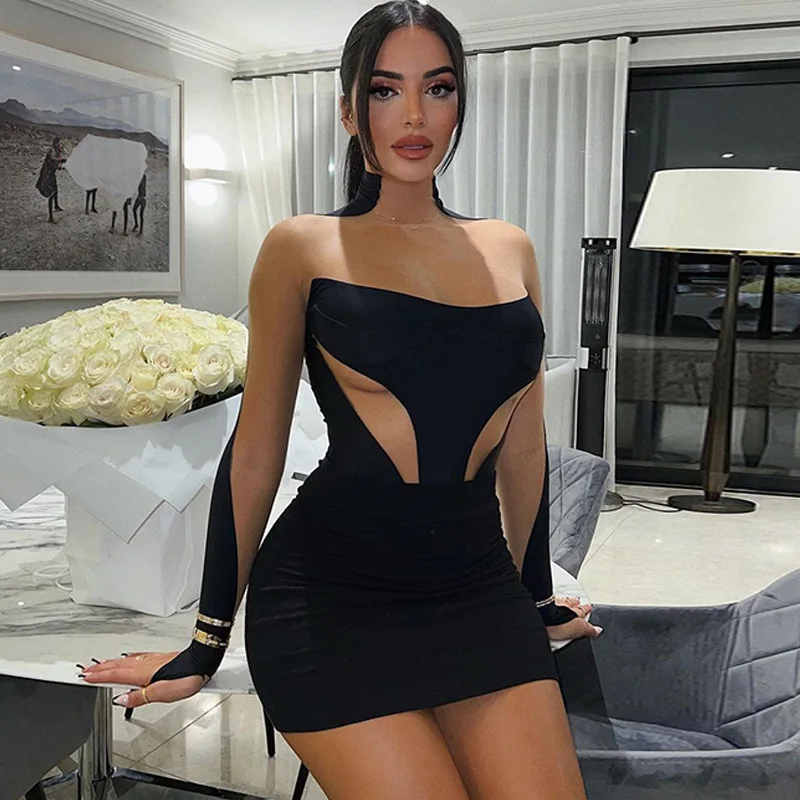 

Women Fashion Long Sleeve Patchwork Mesh See Through Sexy Bodycon Mini Dress 2023 Evening Party Club Y2K Clothes