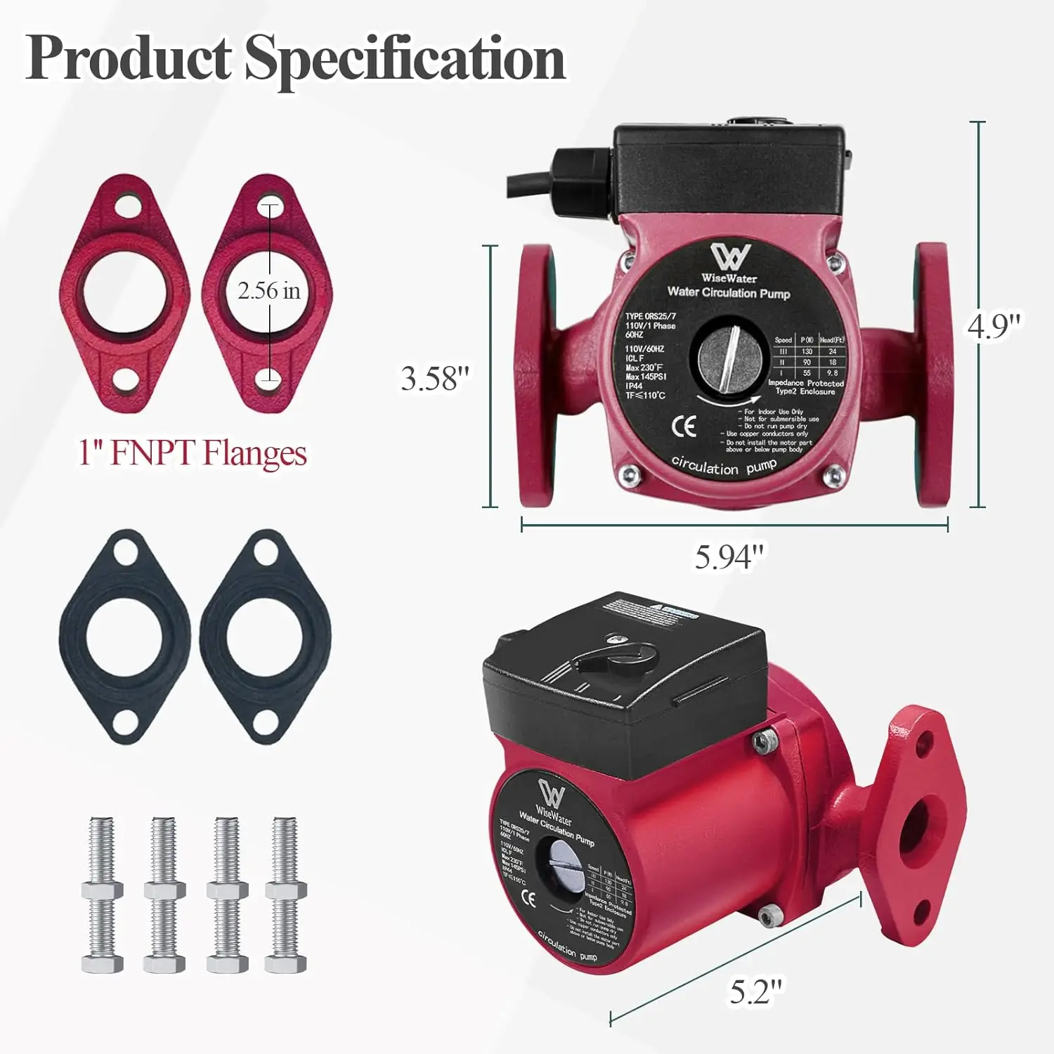 110V Circulation Pump 130W 13 GPM Hot Water Recirculating Pump 3 Speed Switchable Circulator with 1''FNPT Flanges