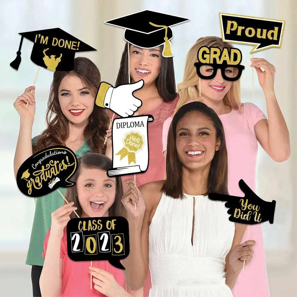 Congrate Graduation Selfie Photo Booth Props Paper Bachelor Cap Holder with Stick for Class Of Graduation Reunion 25pcs/set