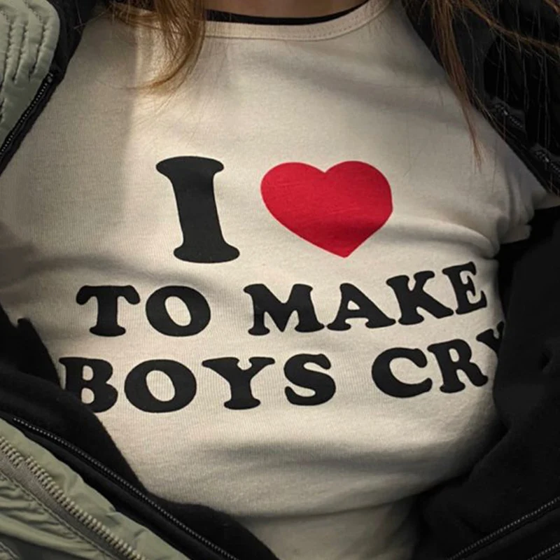 Harajuku letter I love to make boy cry Print T-Shirt short sleeve Skinny Crop tops Women y2k kawaii streetwear Cropped tops Tee