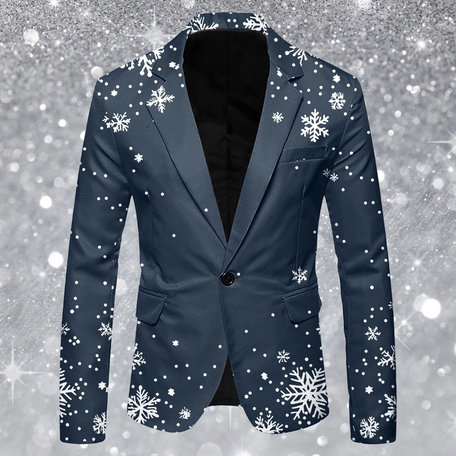 Men Christmas Suit Jacket Snowflake Print Long Sleeve Lapel One Button Blazer Jackets Snow Printed New Year Xmas Suit Coat