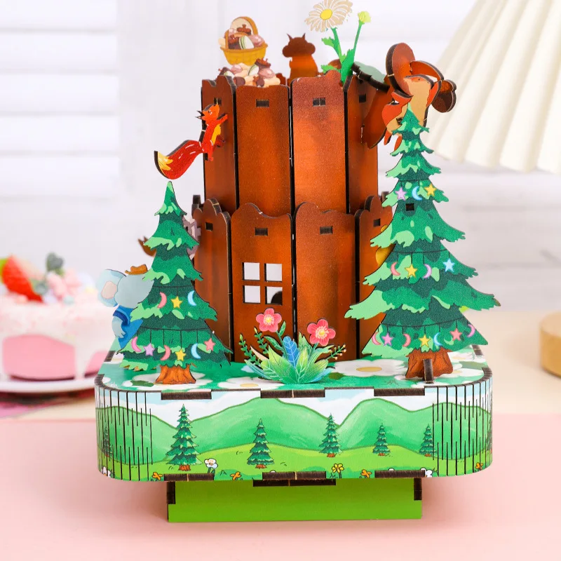 DIY 3D 나무 동물 숲 음악 상자 미니어처 모델 키트 직소 퍼즐 움직일 수 있는 친구 생일 선물 홈 장식