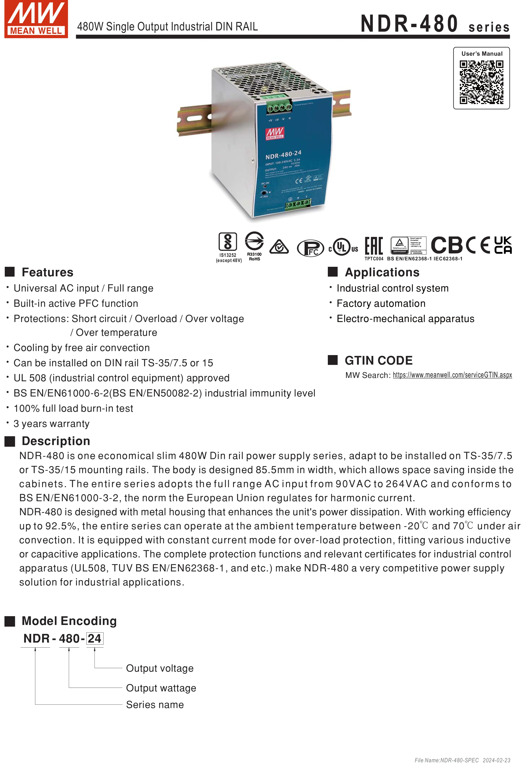 Description Picture 2 of itemMean Well DIN Rail Slim size LED Driver NDR-480 Series meanwell 24v/48v LED Transformer LED Power Supply Adapter