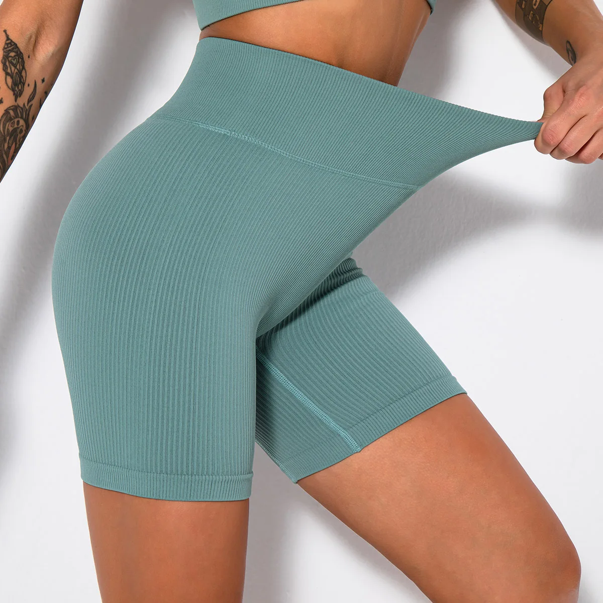 Seamless Ribbed Yoga Shorts For Women High Waist Tights Elastic Workout Cycling Shorts Sports Short Leggings Booty Gym Shorts