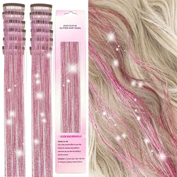 12Pcs Hair Tinsel Clip In 19.7" Glitter Tinsel Hair Extensions Synthetic Clip In Sparkle Hair Accessories For Kids Girls Women 1