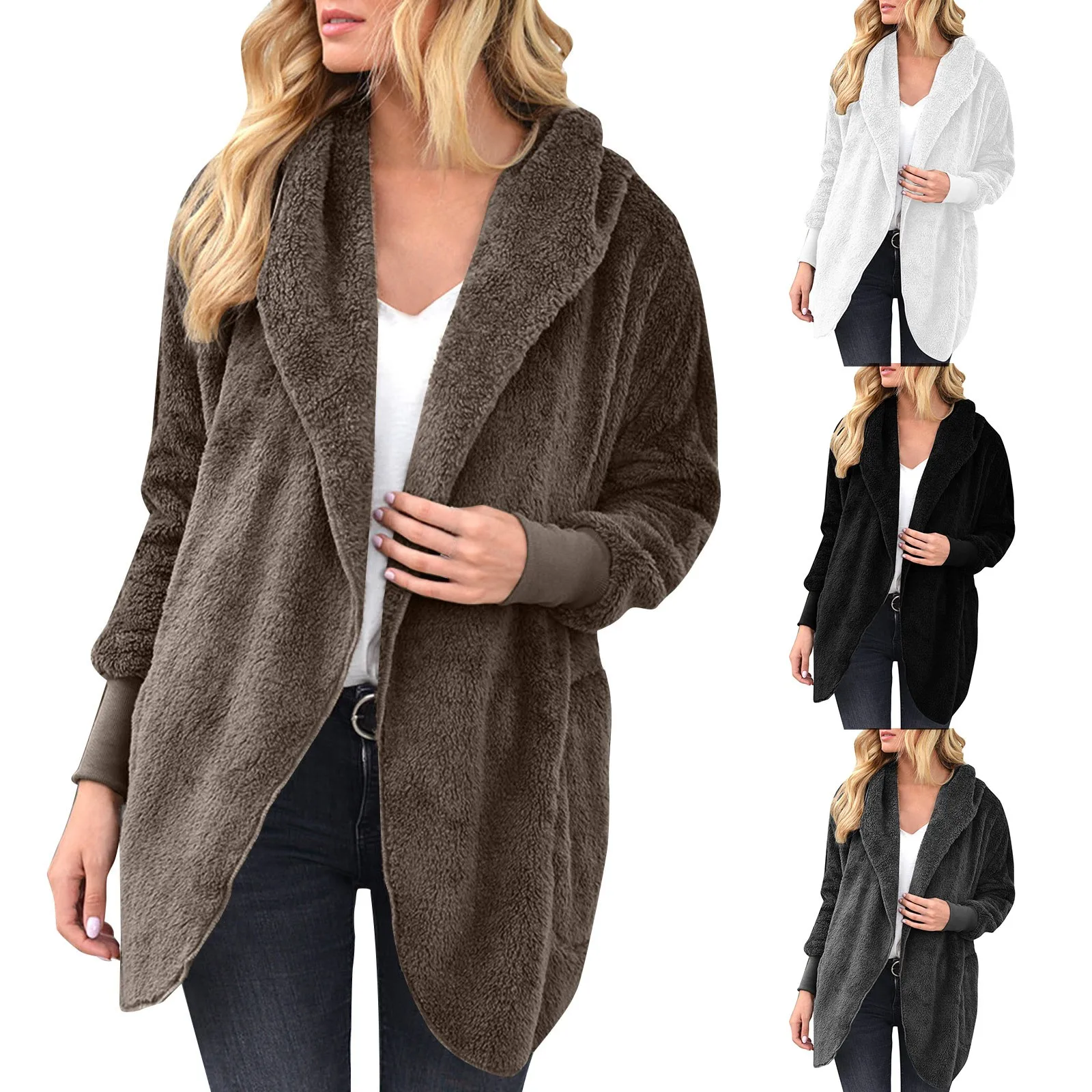 

Warm Jackets Womens Autumn And Winter h Mid Length Lapel Fleece Hooded Jacket
