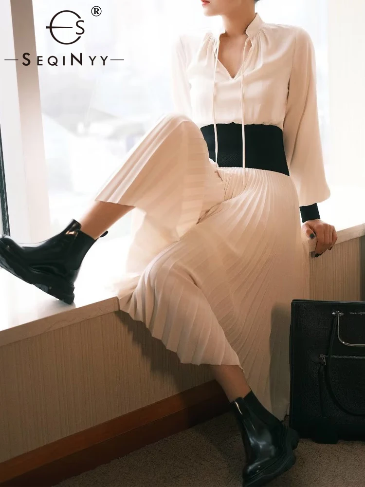 

SEQINYY White Pleated Dress Sumer Spring New Fashion Design Women Runway High Street Elastic Waist Elegant Midi Casual Lace-Up