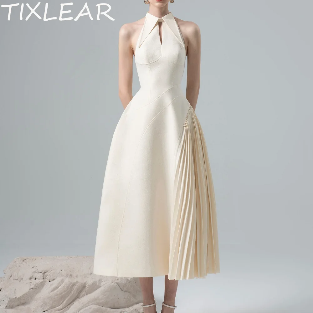 

TIXLEAR A-line Prom Dresses Charming Elegant O-Neck Cut-out Mid Calf Ruched Zipper Up Party Dresses Simple vestidos de fiesta