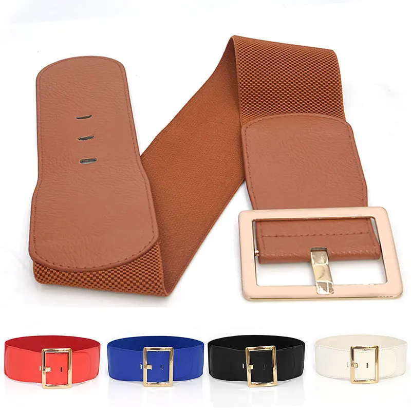 

Women Solid Color Wide Belt For Coat Sweater Fashion Dress Decorative Waistband Ladies Alloy Square Buckle Elastic Waist Belt